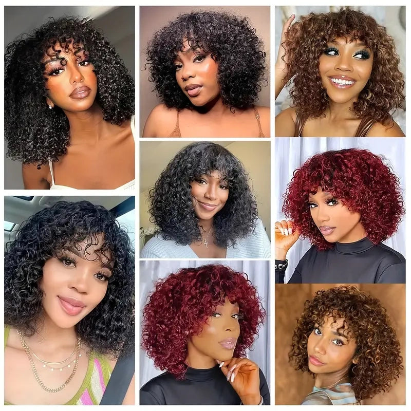 Put On To Go Jerry Curly No Lace Glueless Short Bob 100% Human Hair Wigs With Bangs