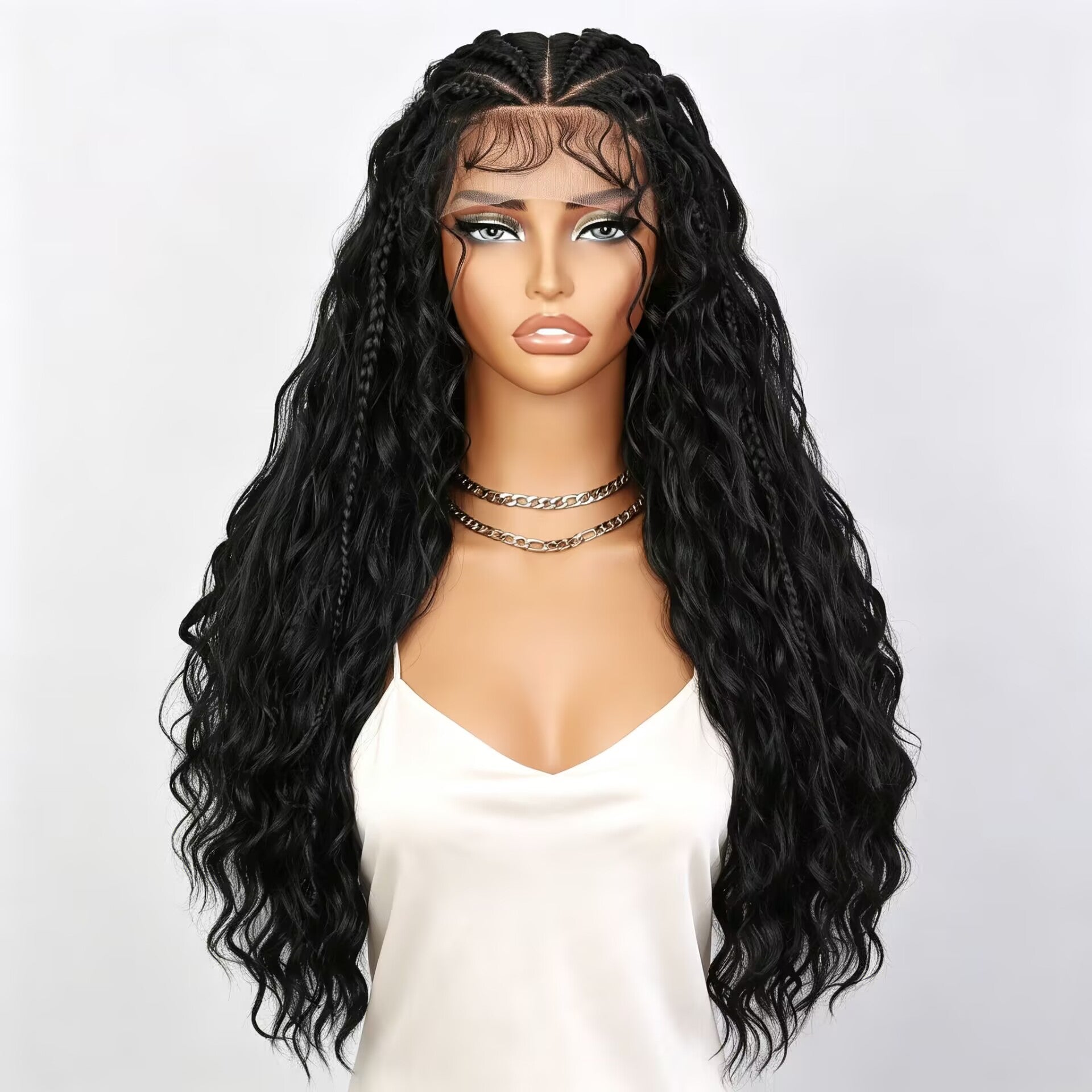 Zlike 13x6 Lace Front Cornrow Curly Boho Braids Wig Natural Black with Face Framing Pre Plucked Glueless Lace Frontal Wig with Baby Hair