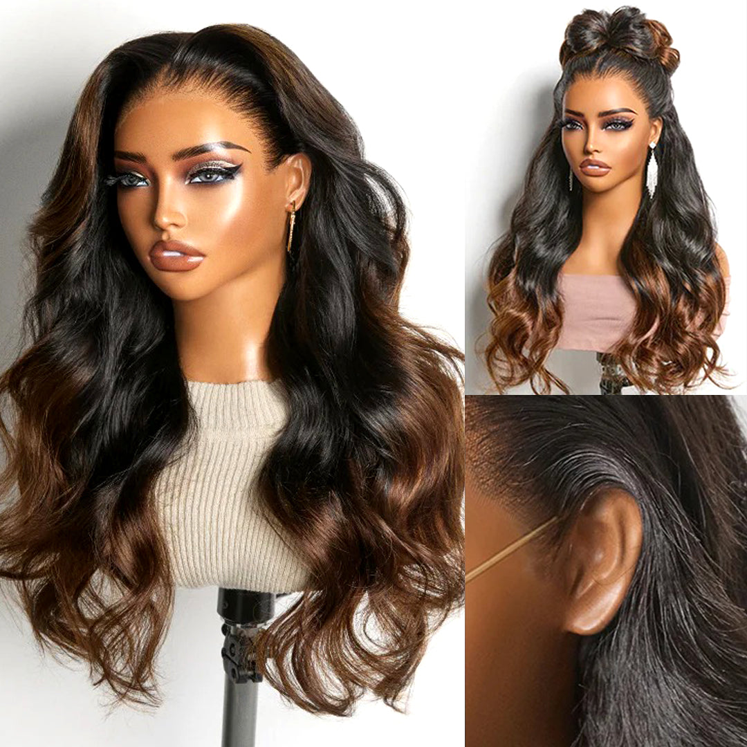 Zlike 200% Density Ombre Brown / Natural Black Loose Wave Glueless 13x6 / 13x4 Lace Front Wigs Human Hair Pre-Cut Lace Flexi-Fit Drawstring Cap