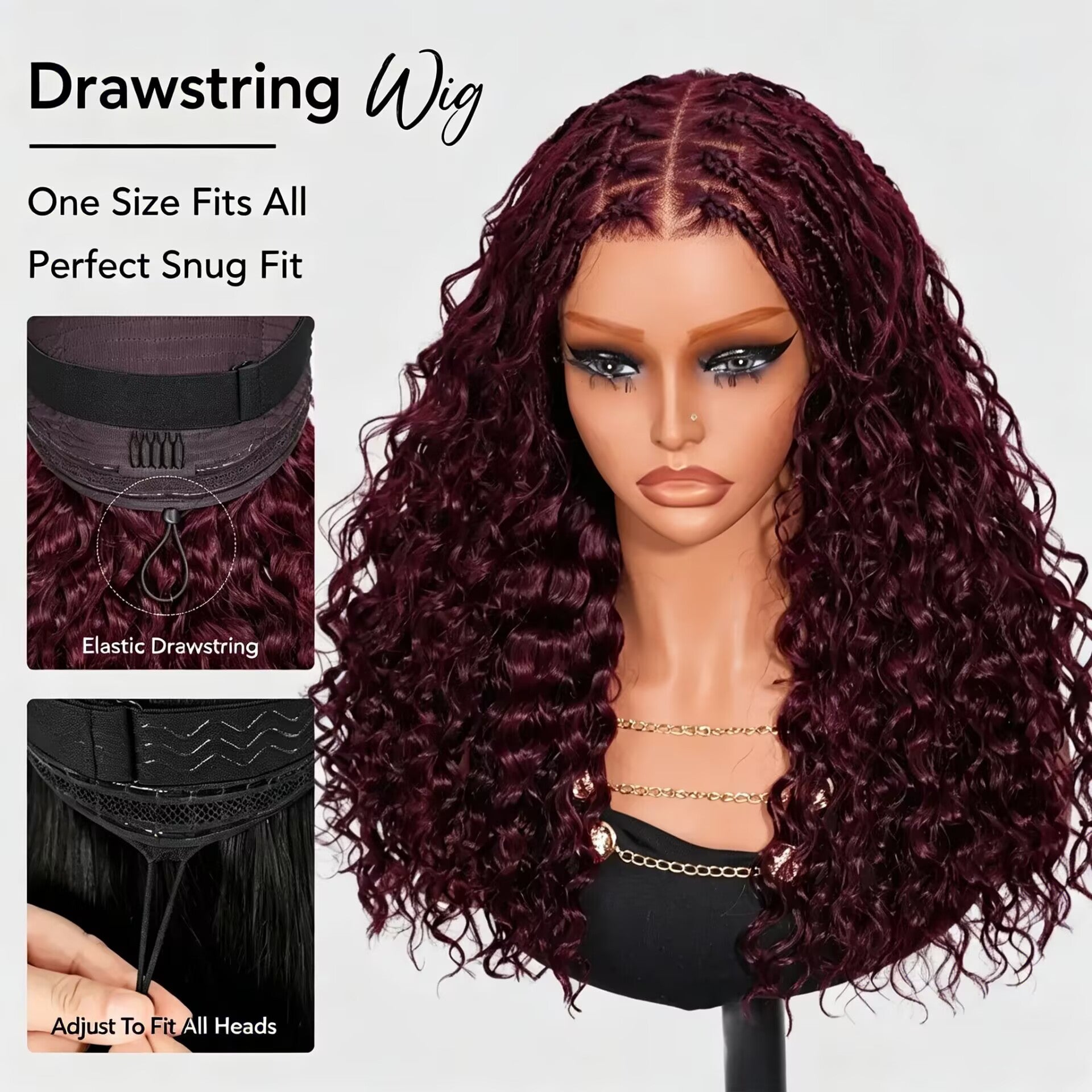 Zlike Black Cherry Boho Braided Water Wave Pre-Cut Lace with Drawstring Wig , 13x6 Lace Front Glueless Human Hair Wig