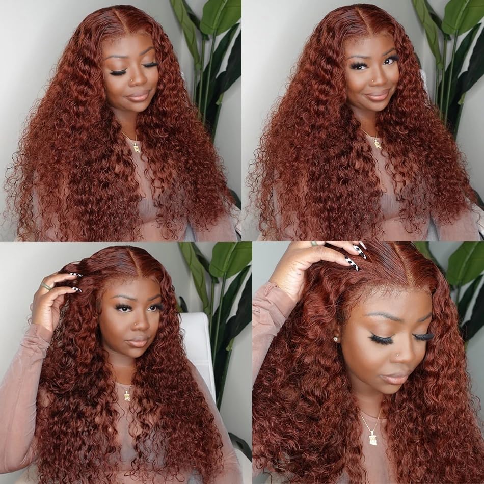 [ ZLIKE Amazon Clearance ] #33 Reddish Brown Water Wave Lace Front Wig High Density Human Hair Wigs Natural Hairline