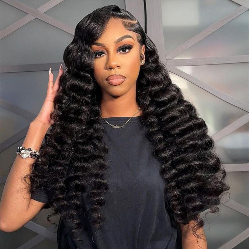 300% Density Luxury Custom Wigs Bouncy Wavy Lace Wig Super Double Drawn Virgin Human Hair Transparent Lace Front Wigs Pre Plucked Hairline