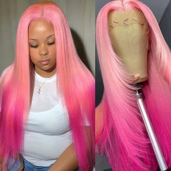 Highlights Honey Ombre Pink Color Straight Hair Wig Transparent Lace Front Wigs-Zlike