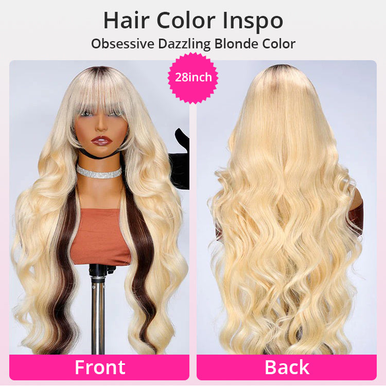 Zlike  Peekaboo Blonde With Brown Underneath Body Wave 13x4 Lace Frontal Wigs With Bangs 100% Human Hair Wigs