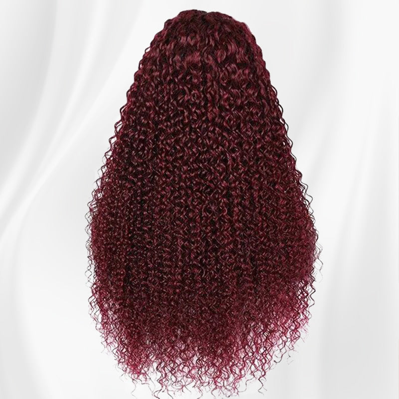 99J Burgundy Colored Kinky Curly Transparent Lace Front Human Hair Wigs Natural Hairline