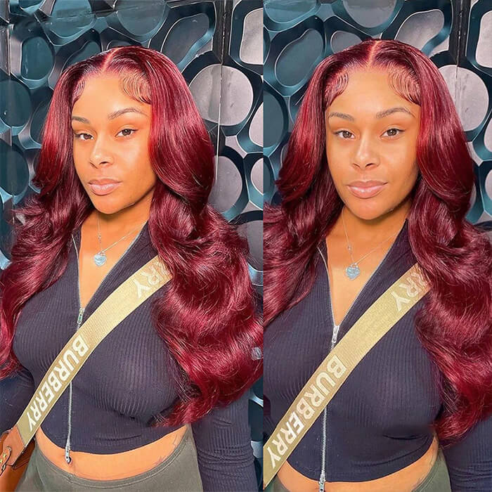 Clearance Sale | Burgundy Red Colored Body Wave 100% Human Hair Transparent Lace Front Wigs