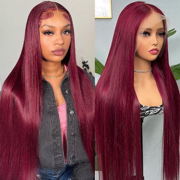 99J Straight Human Hair Wigs Red Colored Transparent Lace Front Wigs With Baby Hair-Zlike