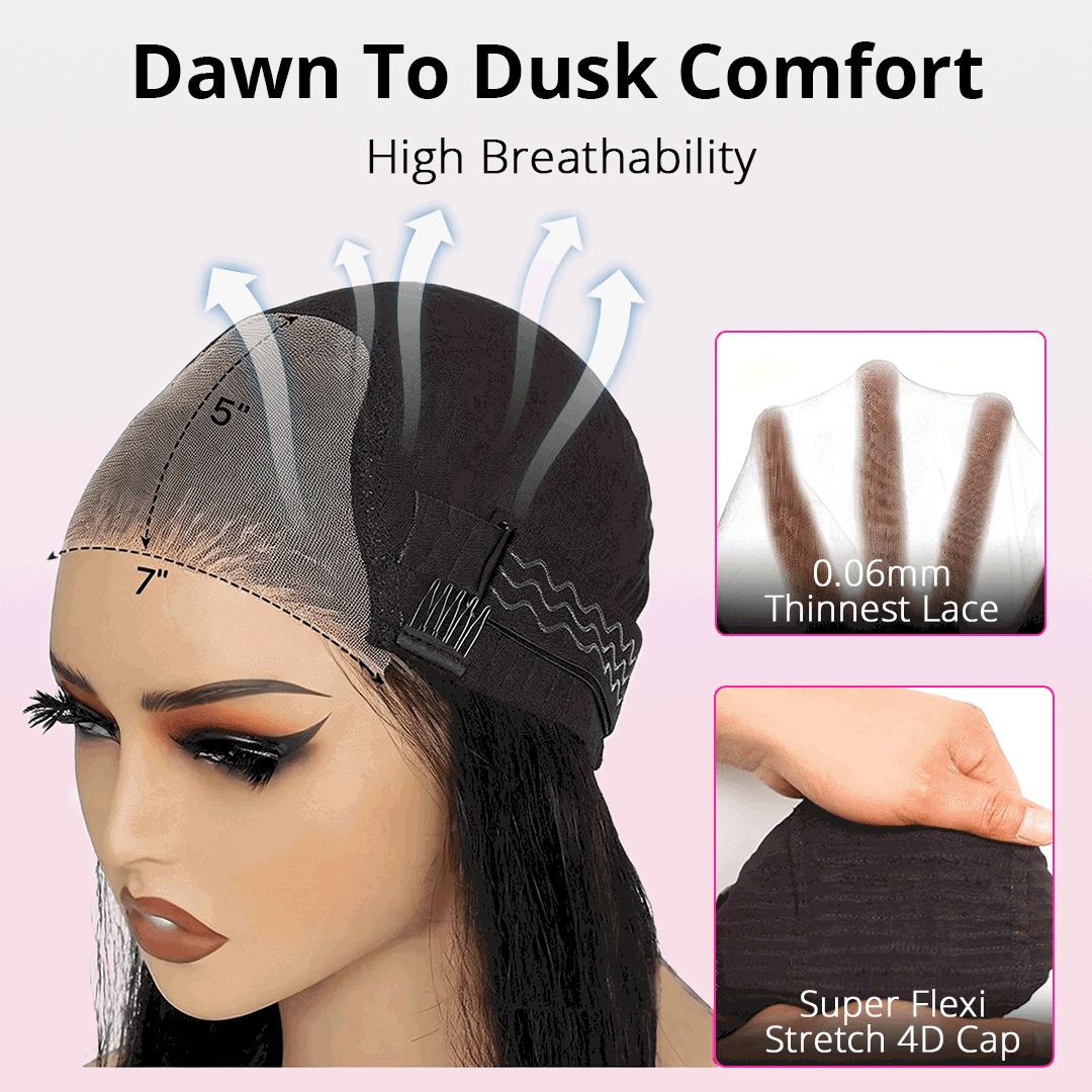 7x5 lace closure wig cap detail showing transparent lace area and natural scalp appearance