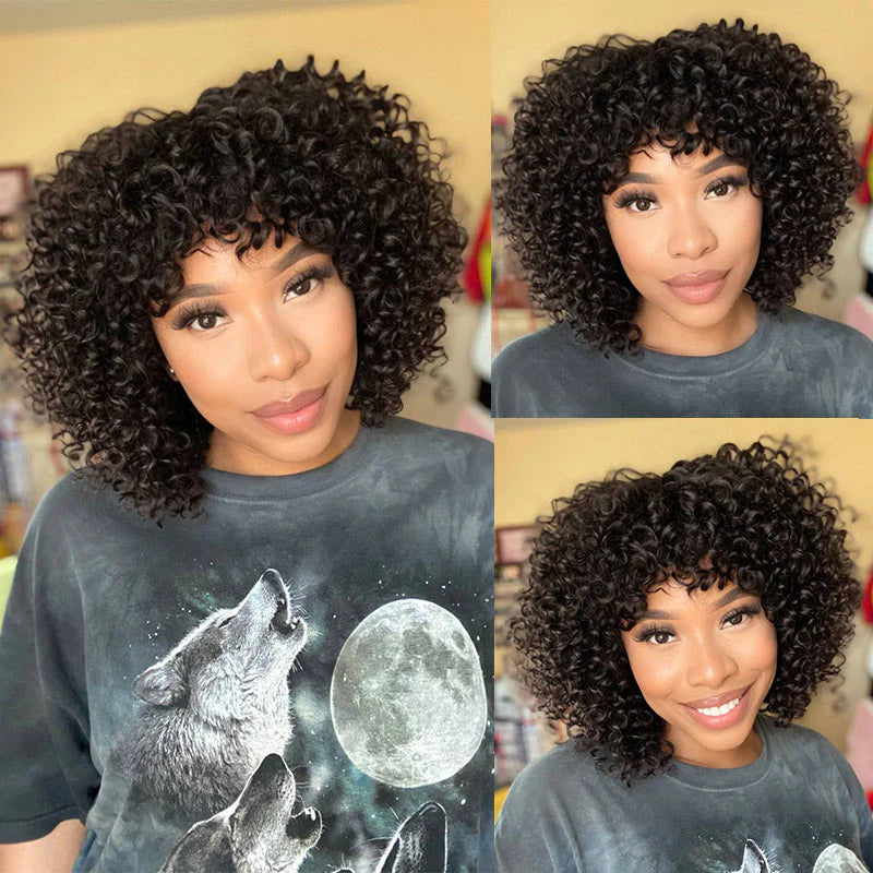 Kinky curly bob wig with bangs available in 8 to 16 inches