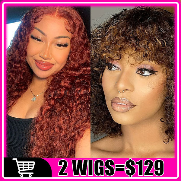 $129/2 Wigs | Glueless Wear & Go Jerry Curly Bob Highlight Wig With Bangs + U Part Glueless Wear & Go Deep Wave #33 Reddish Brown Wig