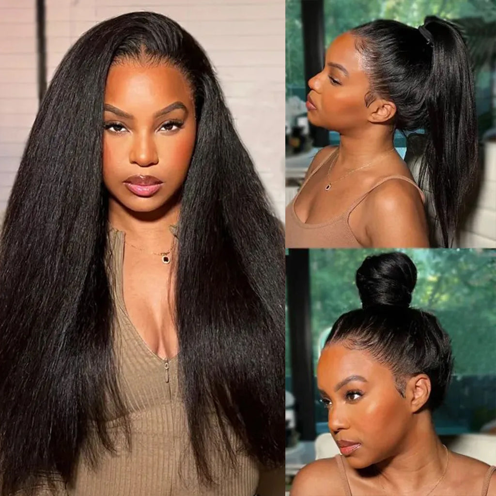 Zlike Pre Bleached Yaki Straight Invisi-Band 360 Lace Frontal Wig Glueless Human Hair Wigs