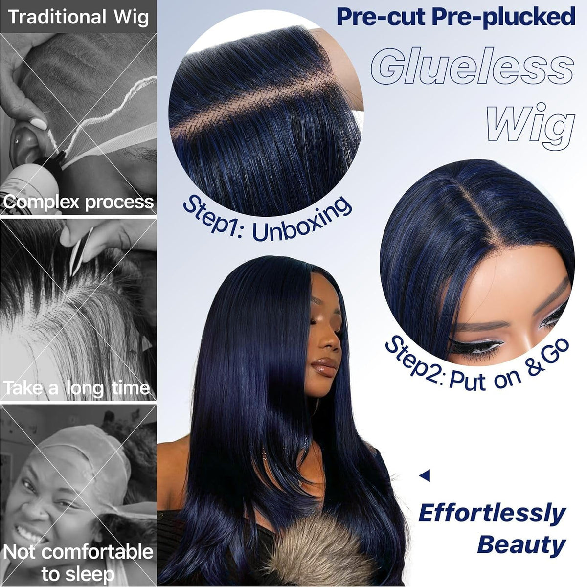 Zlike Dark Blue Wear & Go Glueless Synthetic Lace Front Wig Pre-Cut Pre-Plucked Long Layered Straight Wig