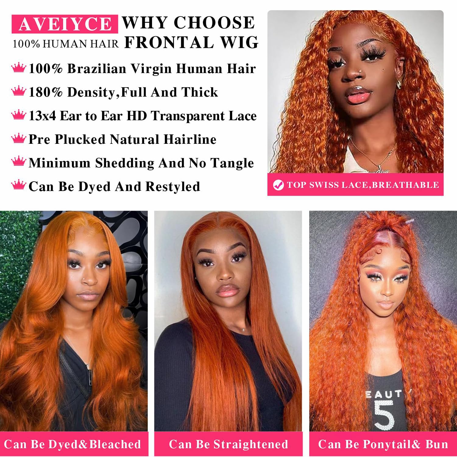 [Aicrelery] Ginger #350 Deep Wave 13x4 Lace Wig Frontal Wig Pre Plucked For Women