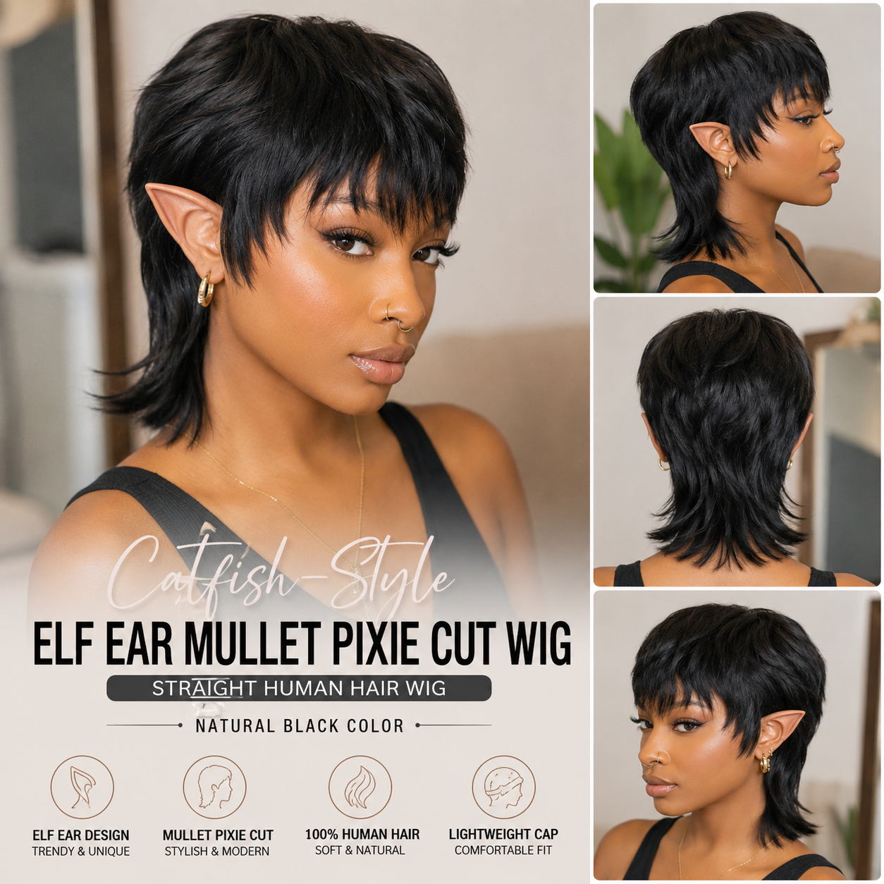 Zlike Elf Ear Mullet Pixie Cut Straight Human Hair Wig Catfish-Inspired Short Wig for Women Natural Black