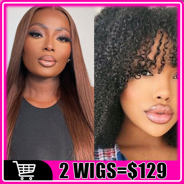 $129/2 Wigs | #4 Chocolate Brown Straight 4X4 Lace Closure Wig + 10Inch Glueless Wear & Go Jerry Curly Bob Wig With Bangs