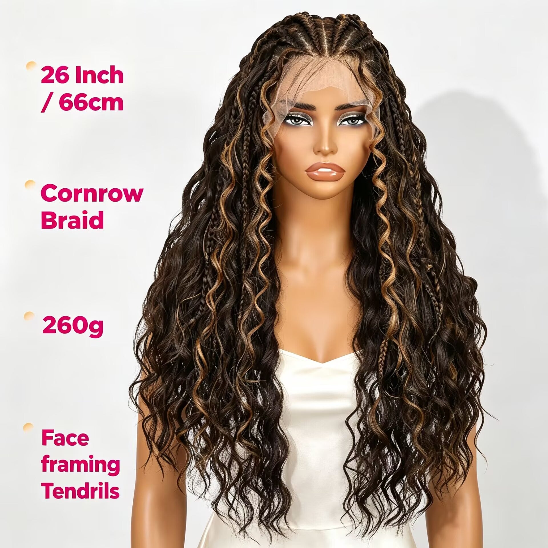 Zlike 13x6 Lace Front Braided Wig Cornrow Curly Boho Braids Wig with Face Framing Layers Pre-Plucked Glueless Lace Frontal Wig with Baby Hair