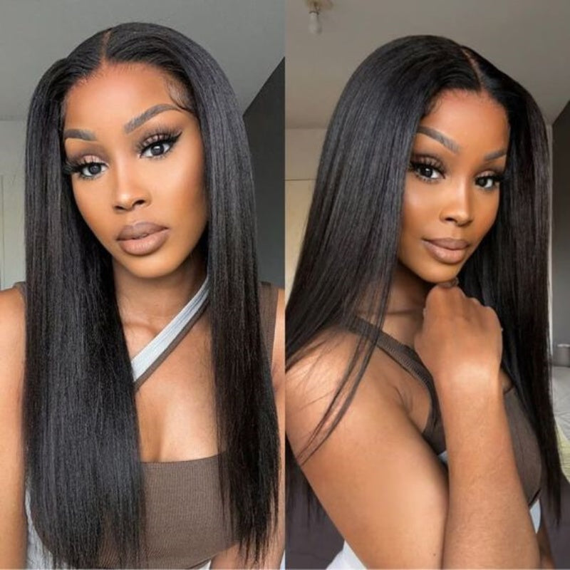 Glueless Lace Closure Wigs Yaki Straight Pre Cut Wear Go Human Hair Wigs With Baby Hair