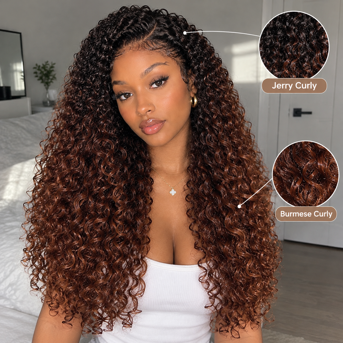 Zlike 13x6 Black Root with Reddish Brown Highlights Jerry Curly with Burmese Curly Human Hair Wig 250% Density Glueless Lace Front Wig