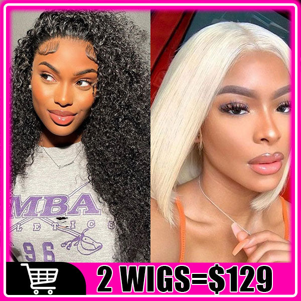 $129/2 Wigs |  8Inch 613 Blonde Straight Bob 4X4 Lace Closure Wig + U Part Glueless Wear & Go Kinky Curly Wig