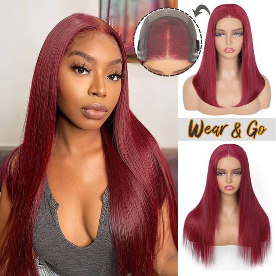 [BOGO] 99J Burgundy Ready Go Glueless Straight Transparent Lace Closure Wig Pre Cut Human Hair Wigs