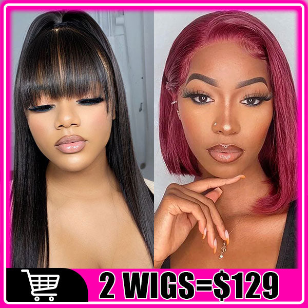 $129/2 Wigs | Glueless Wear & Go Straight Wig With Bangs + 10Inch 99J Straight Bob 13X4 Lace Front Wig