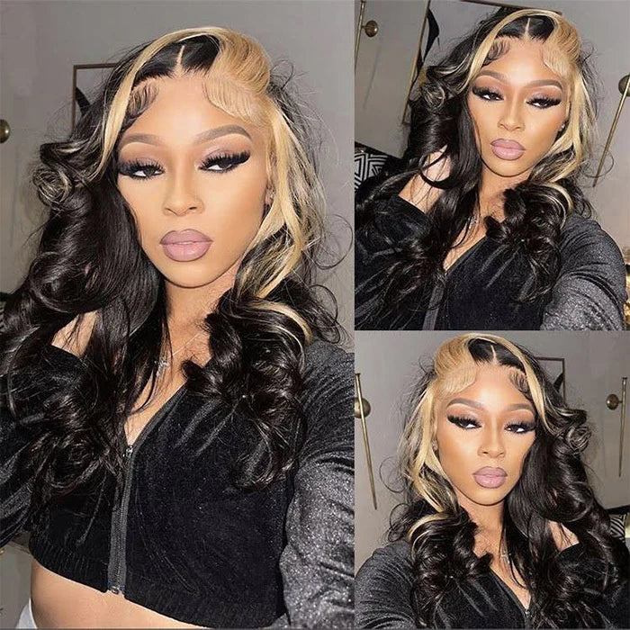 #1B/613 Highlight Blonde Skunk Stripe Body Wave Lace Front Human Hair Wigs-Zlike