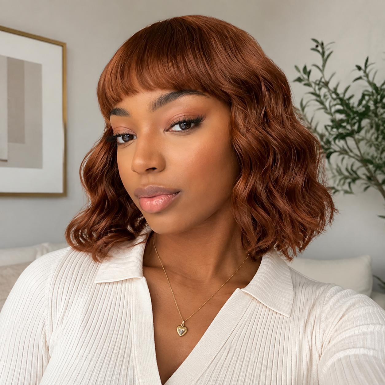 Zlike Ginger Brown Loose Deep Wave Bob Wig With Bangs 4x4 Lace Closure Human Hair Wig