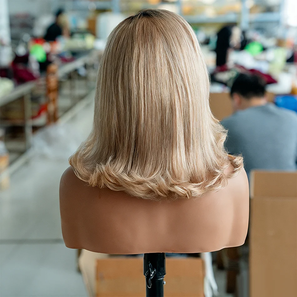 Zlike Ash Blonde Professional Colored Glueless Lace Layered Cut Human Hair Bob Wigs With Dark Roots