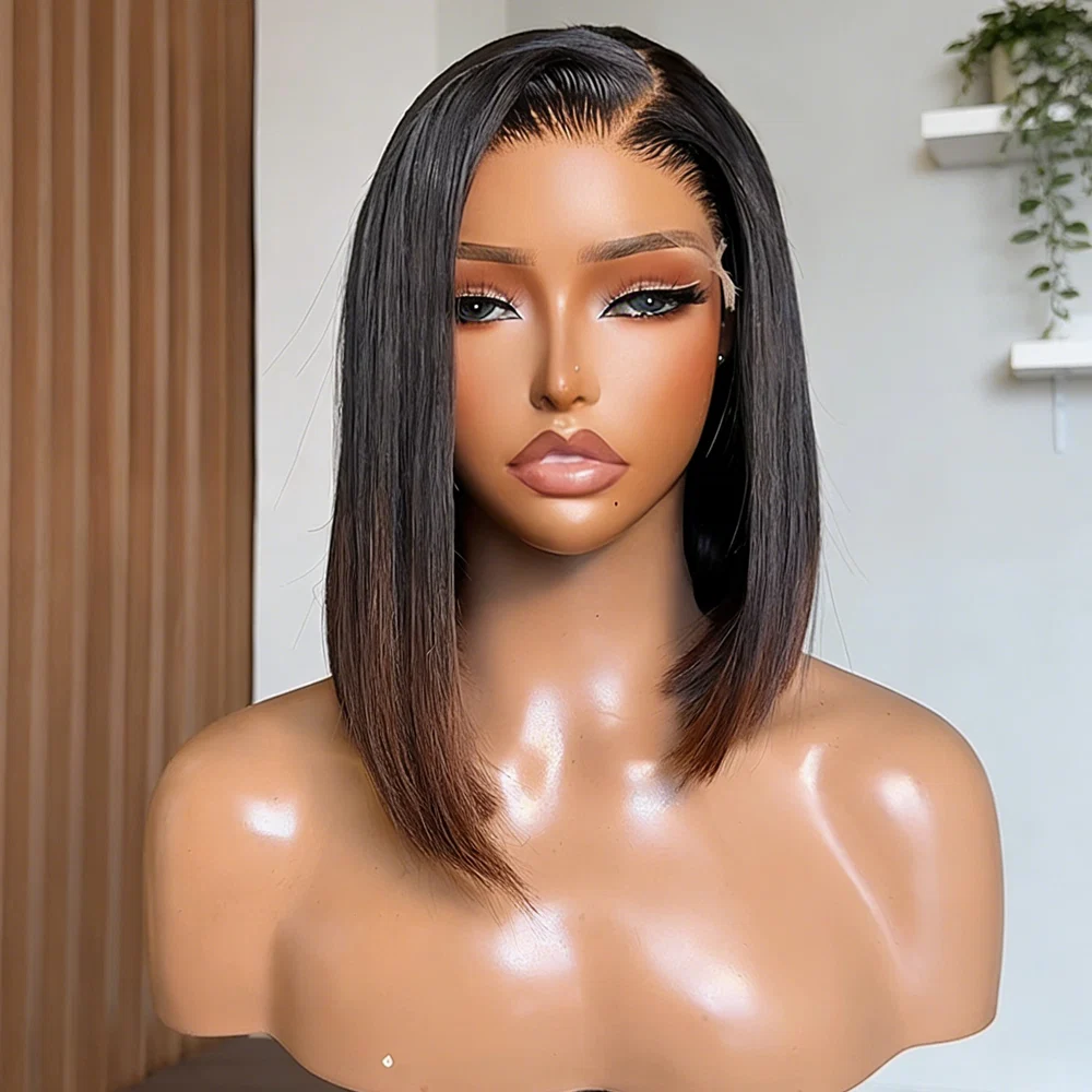 Zlike Elegant Asymmetric Short Straight Ombre Brown Colored Glueless Human Hair Bob Wigs