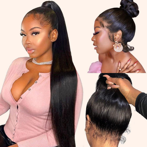 Invisi-Band Silky Straight 360 Transparent Lace Frontal Wigs Bleached Knots Pre Cut Human Hair Wigs