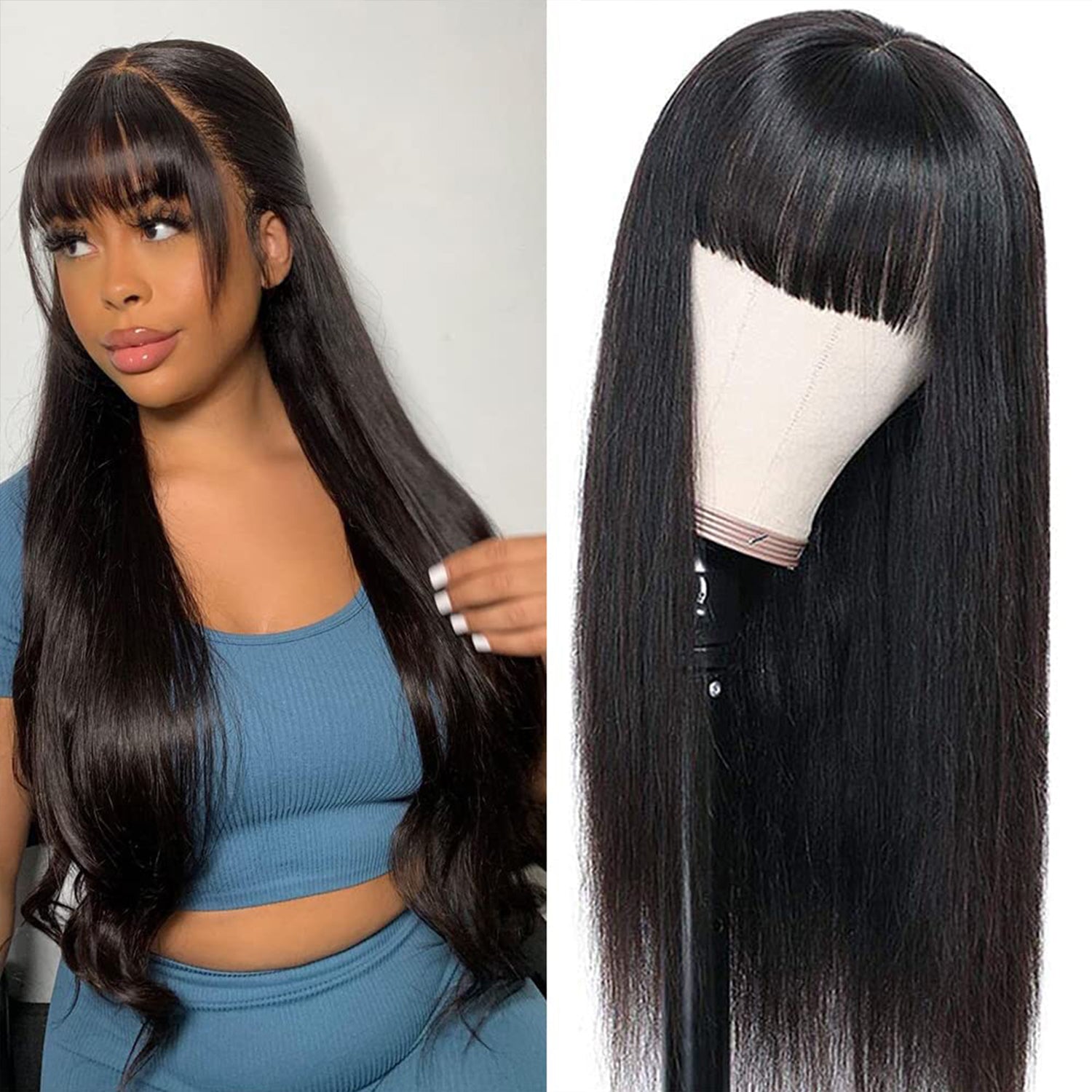 Straight Wig With Bangs Natural Color Straight Glueless Top Lace Human Hair Wigs