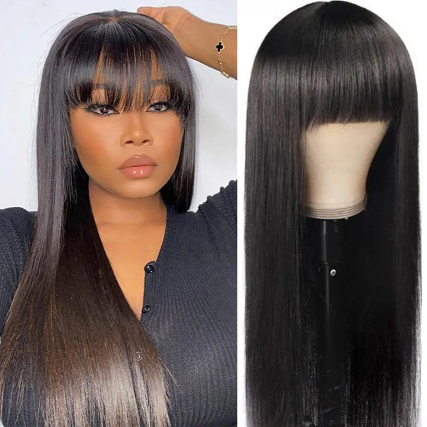 Glueless Straight Transparent Top Lace Wig Pre Bleached Human Hair Wigs With Bangs