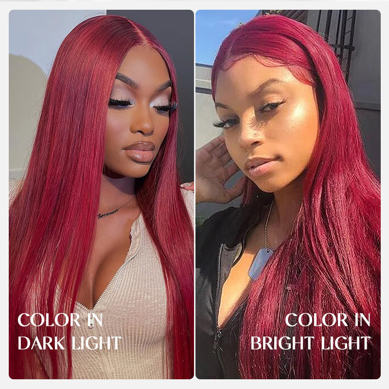 Pre Plucked 99J Red Colored Straight Transparent Lace Front Human Hair Wigs Natural Hairline