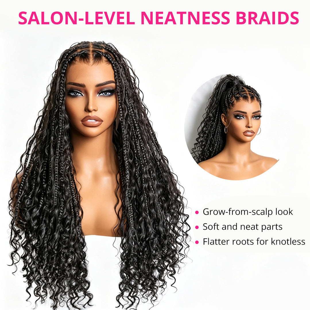 Zlike Light Weight Flexi-Fit Invisi Drawstring Cap Full Lace Knotless Boho Curls Braided Long Wig Super Natural Scalp Pre-Cut Lace