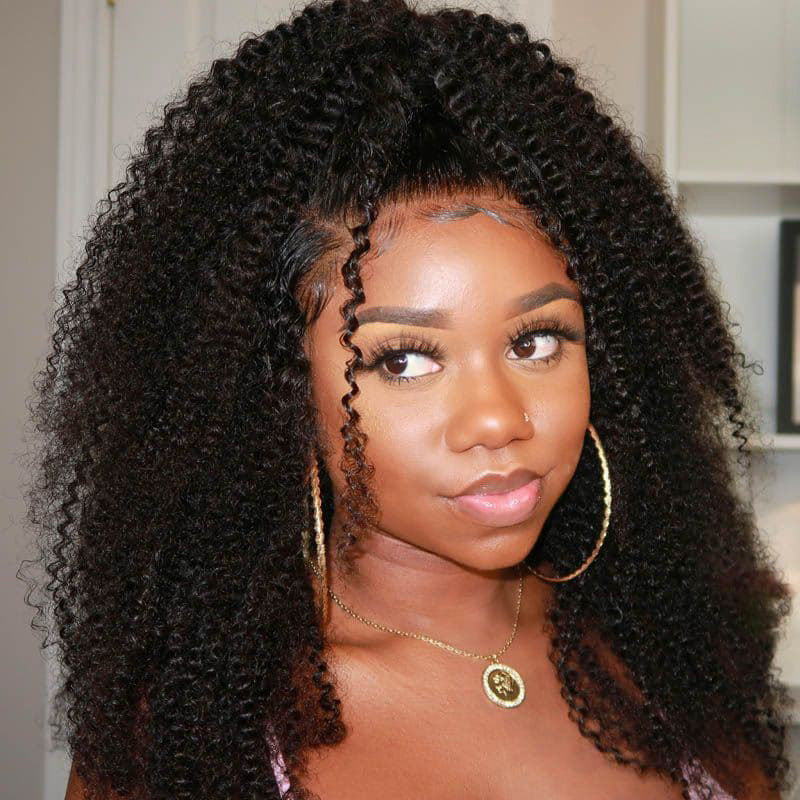 Thick Fluffy Human Hair Lace Closure Wigs Afro Curly Transparent Lace Wig For Black Women