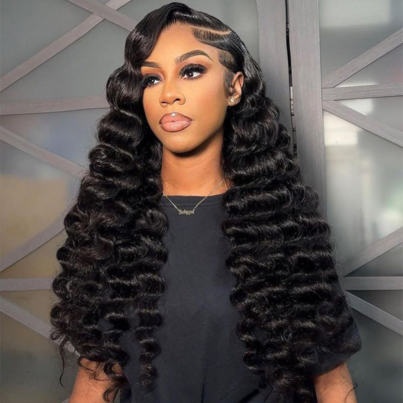 300% Density Luxury Custom Wigs Bouncy Wavy Lace Wig Super Double Drawn Virgin Human Hair Transparent Lace Front Wigs Pre Plucked Hairline