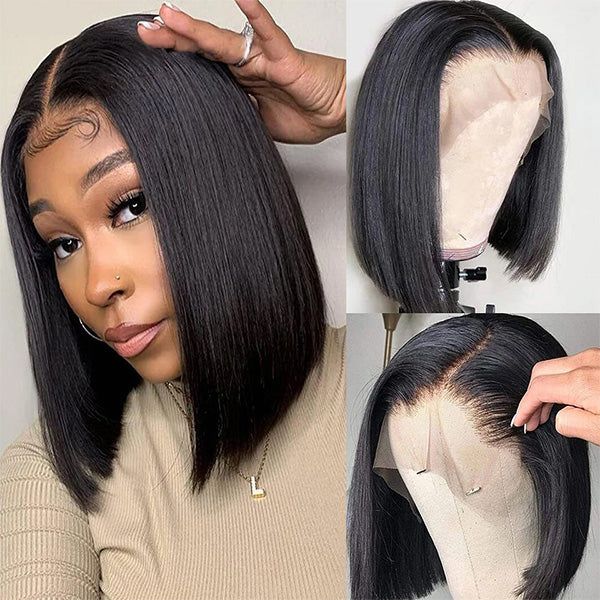 Pre Plucked Straight Transparent Lace Front Wig Short Bob Human Hair Wigs Natural Hairline