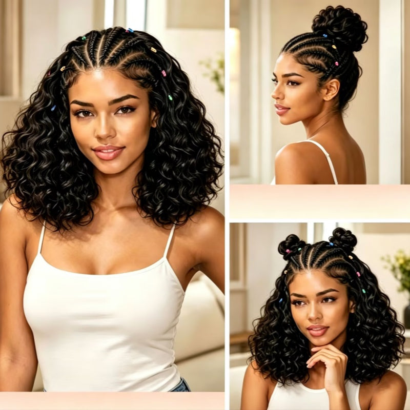 Zlike Boho Cornrow Braids Pre-Cut Lace 13x6 Lace Frontal Bohemian Curl Bob Wig human hair