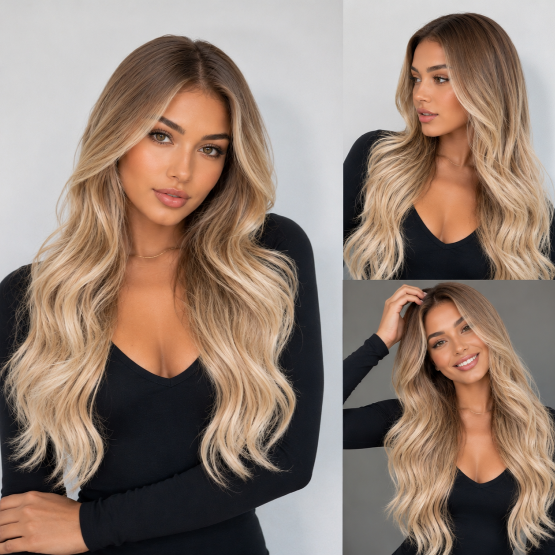 Honey Blonde Balayage Body Wave Wig Human Hair 7x5 Lace Glueless Wig Face Framing Highlight Human Hair Wig
