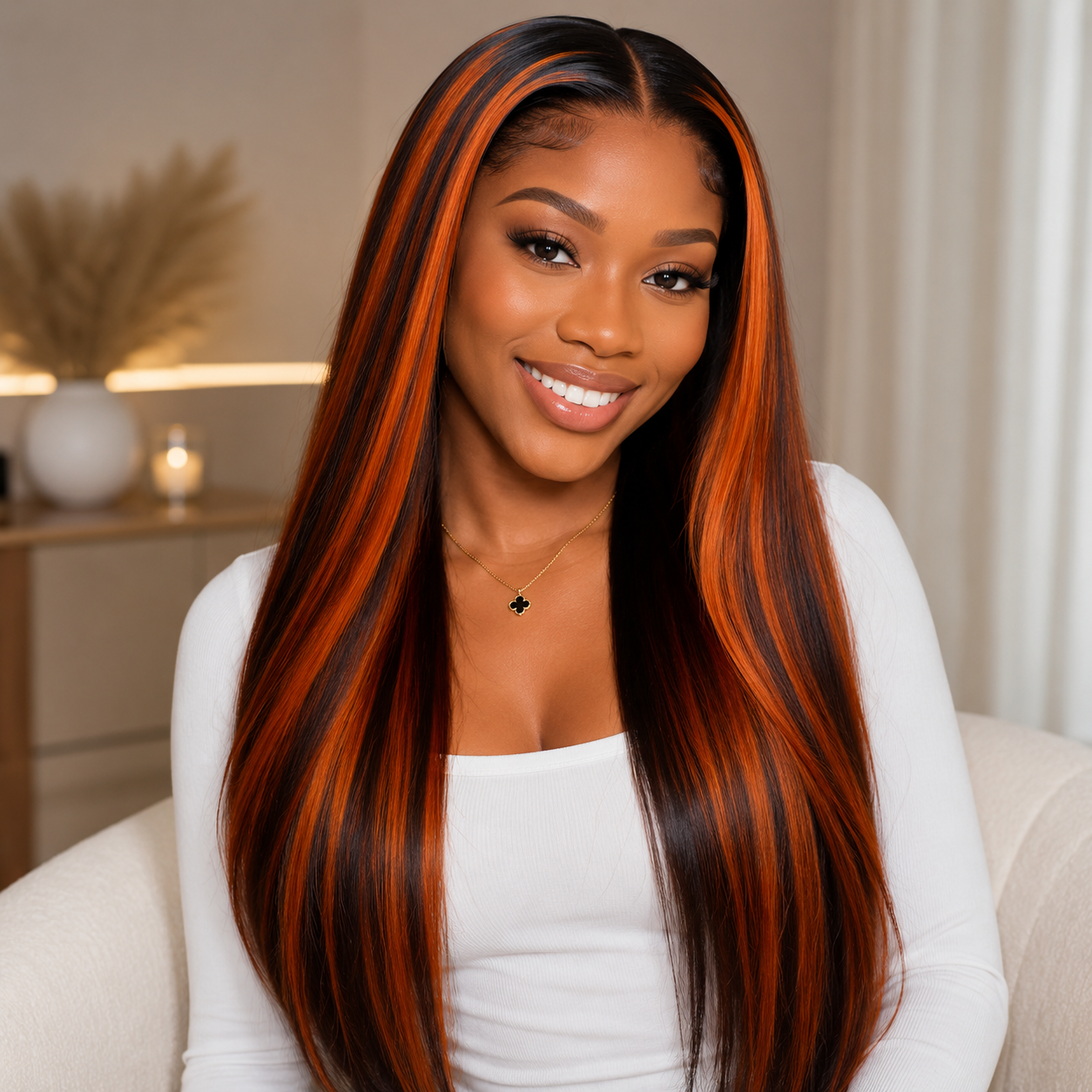 Zlike Pull Go 13x4 Lace Straight Auburn Ginger Highlight Glueless Wig with Drawstring Human Hair