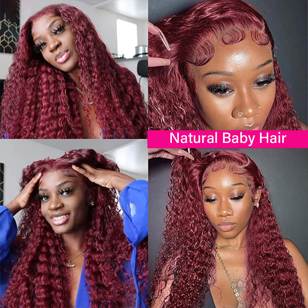 [Aicrelery] 99J Burgundy Deep Wave 13x4 Lace Front Wig High Density 100% Human Hair Wigs