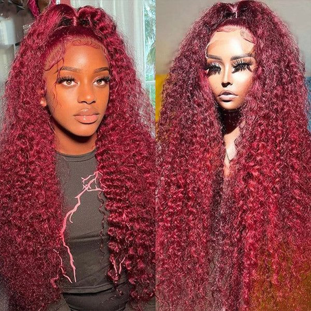 [Aicrelery] 99J Burgundy Deep Wave 13x4 Lace Front Wig High Density 100% Human Hair Wigs