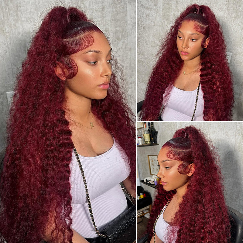 Clearance Sale | 99J Burgundy Red Colored Deep Wave 100% Human Hair Transparent Lace Front Wigs