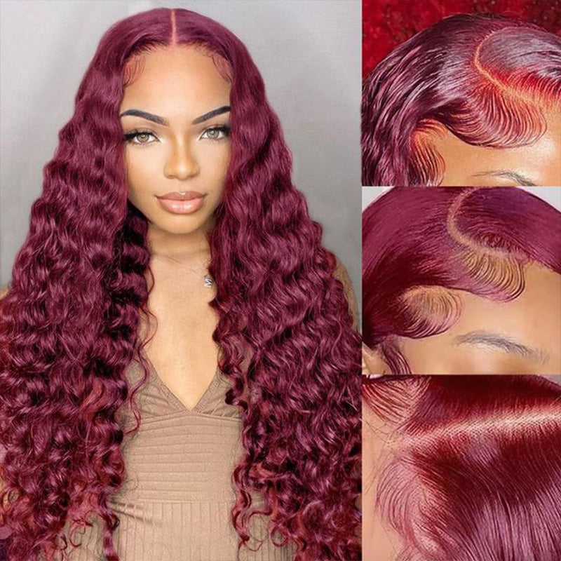 Clearance Sale | 99J Burgundy Red Colored Deep Wave 100% Human Hair Transparent Lace Front Wigs
