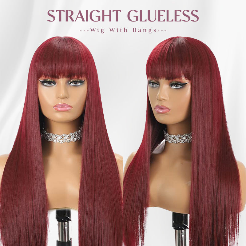 Zlike 99J Straight Wig With Bangs Silky Straight Glueless Human Hair Wigs Natural Hairline