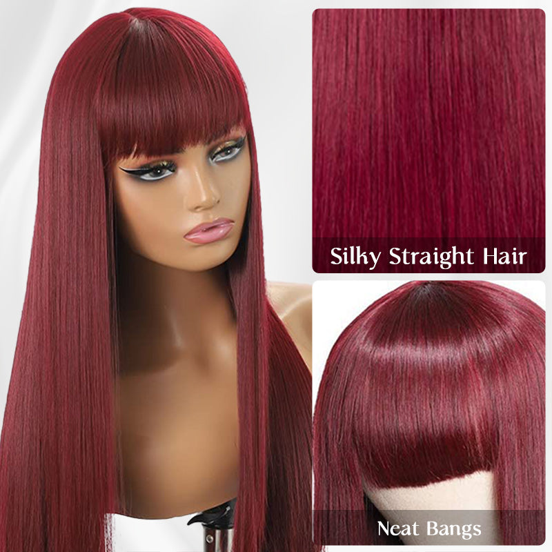 Zlike 99J Straight Wig With Bangs Silky Straight Glueless Human Hair Wigs Natural Hairline