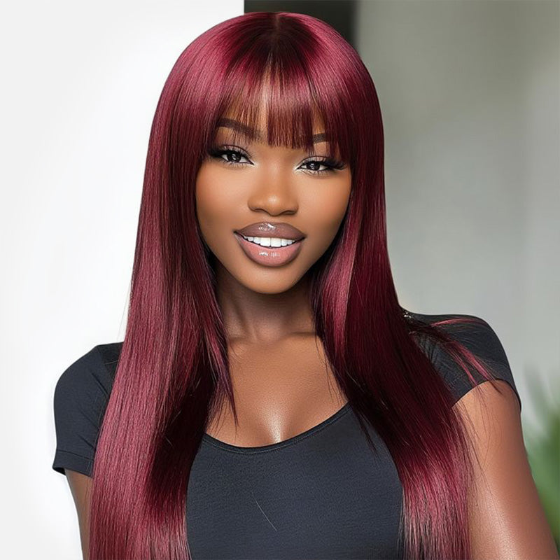 Zlike 99J Straight Wig With Bangs Silky Straight Glueless Human Hair Wigs Natural Hairline