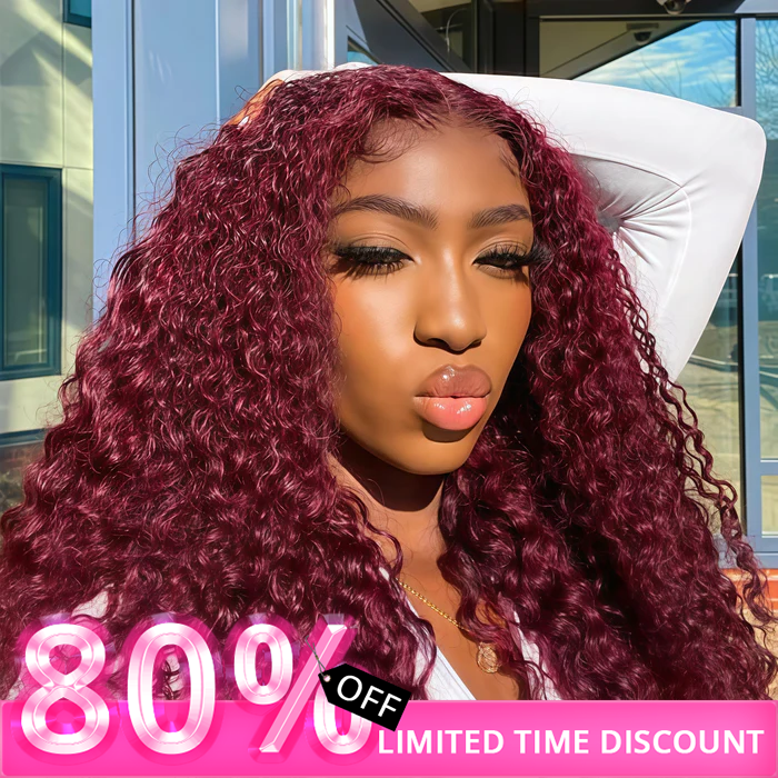 99J Burgundy Colored Kinky Curly Transparent Lace Front Human Hair Wigs Natural Hairline