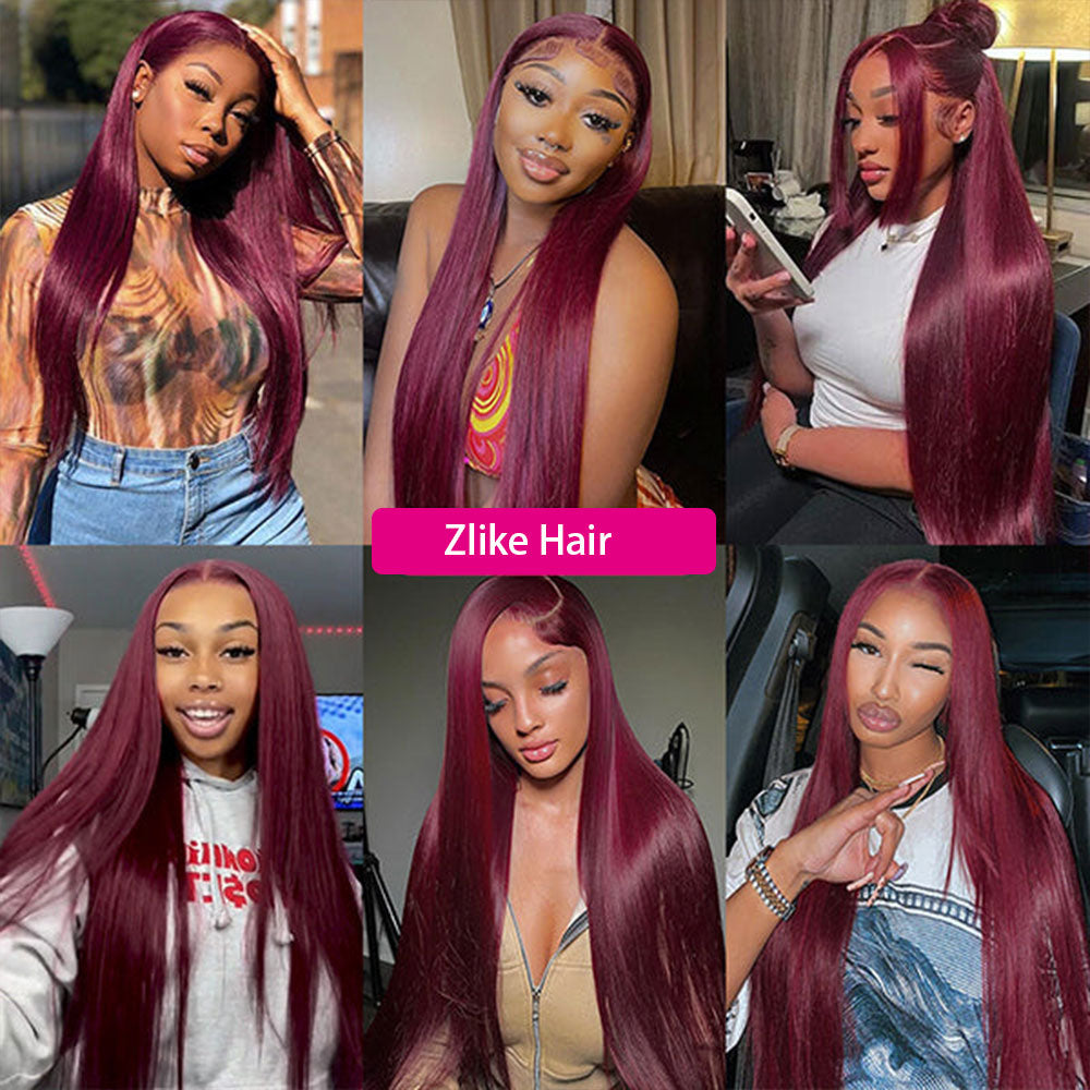 99J Straight Lace Closure Human Hair Wigs Red Colored Transparent 4x4/13x4 Lace Front Wig With Baby Hair-Zlike