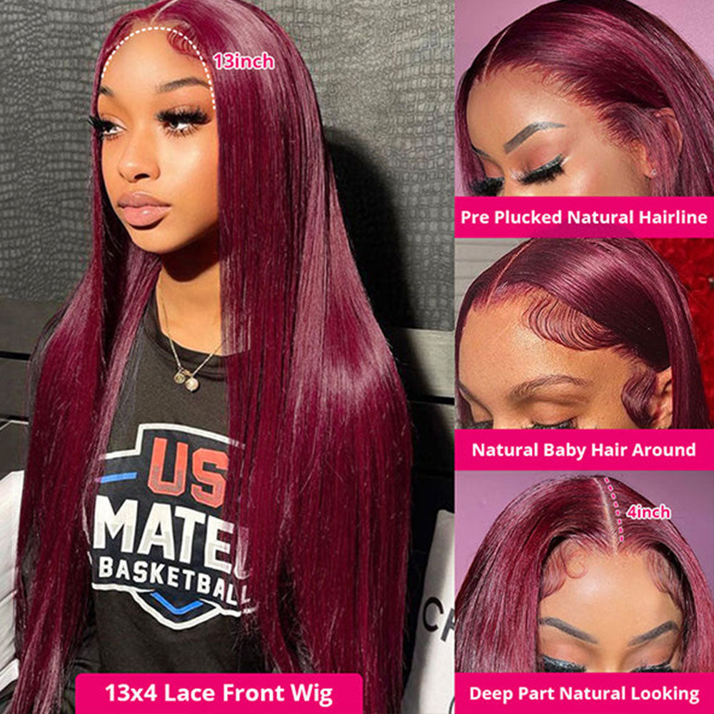 99J Straight Lace Closure Human Hair Wigs Red Colored Transparent 4x4/13x4 Lace Front Wig With Baby Hair-Zlike